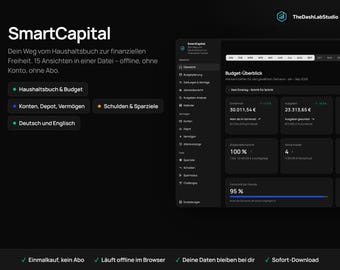 Puede incluir: Un panel de gestión financiera digital titulado SmartCapital en una interfaz oscura. La pantalla muestra métricas de presupuesto, pestañas mensuales y menús de navegación para realizar un seguimiento de cuentas, ahorros y deudas.