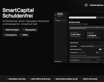 Puede incluir: Una interfaz de panel digital titulada SmartCapital Schuldenfrei sobre un fondo negro. Incluye un rastreador de deudas con campos para la deuda total, ahorros en intereses y planes de pago, junto con botones para estrategias, duración y acceso.