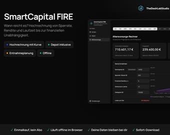 Puede incluir: Un panel financiero digital de tema oscuro titulado SmartCapital FIRE, que presenta un Altersvorsorge-Rechner con campos de entrada para capital, tasas de ahorro y horizontes temporales, junto con botones para proyecciones y planificación.