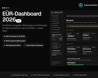 Puede incluir: Una interfaz digital EÜR-Dashboard 2026 Pro para el seguimiento financiero de pequeñas empresas. El software de tema oscuro muestra ingresos, gastos y datos fiscales, con menús de navegación, gráficos de resumen y herramientas para facturas y registros.
