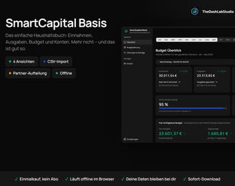 Puede incluir: Una interfaz de panel digital titulada SmartCapital Basis sobre un fondo oscuro. El diseño presenta herramientas de seguimiento financiero, incluyendo ingresos, gastos y resúmenes de presupuesto con datos numéricos en euros y etiquetas.