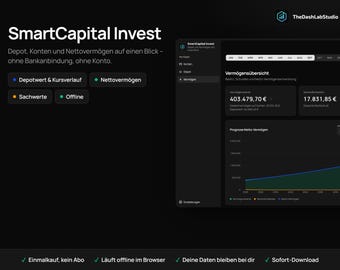 Puede incluir: Una interfaz de software en modo oscuro titulada SmartCapital Invest que muestra datos financieros, incluyendo un resumen de patrimonio neto, valores de activos y un gráfico lineal. El panel incluye una barra lateral y valores en euros.