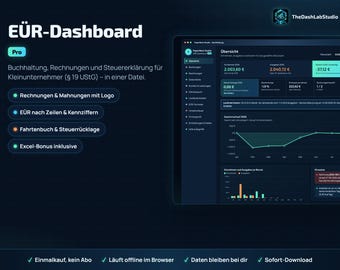 EÜR 2026 & Rechnungen Kleinunternehmer | Buchhaltung Dashboard Pro §19 UStG | Rechnung, Mahnung, Fahrtenbuch | ELSTER + Excel
