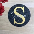 Personalized felt coasters with names as reusable party favors for weddings, confirmations, celebrations, parties, birthdays, and bachelorette parties. product logo