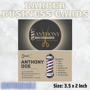 Modelo de cartão de visita para barbeiro 2023, identidade visual de barbearia, logotipo de barbeiro, cabeleireiro, salão, barbeiro móvel, tesouras, design editável do Canva