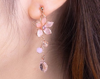 Cherry Blossom Tassel Earrings | Flower Crystal Dangle Earrings | Sakura Earring | Available styles: Ear clip / 925 silver needle pin