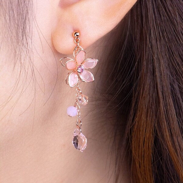 Cherry Blossom Tassel Earrings | Flower Crystal Dangle Earrings | Sakura Earring | Available styles: Ear clip / 925 silver needle pin