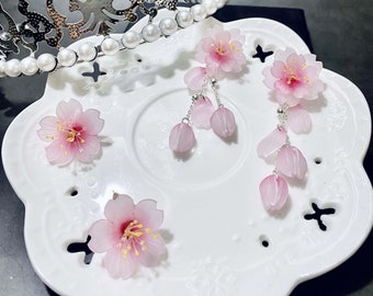 Cherry Blossom Earrings, Sakura Dangle Earrings, Pink Flower Studs, Korean Earring, Floral Jewelry, Available Styles: Drop and Studs