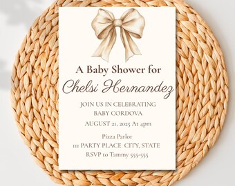 Bow Baby Shower Invitation, Editable Baby Shower Invite Template, Neutral Coquette Baby Shower Invitation, Canva Download