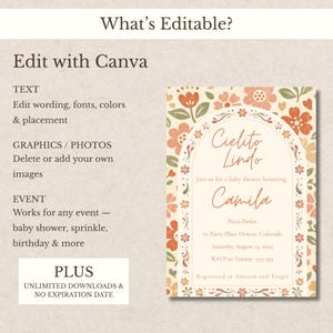 Op de afbeelding: Een bewerkbaar digitaal uitnodigingssjabloon met een bloemenrand van oranje, roze en groene bloemen. De centrale boog bevat tekst, waaronder Cielito Lindo, Camila en evenementdetails. Aan de linkerkant staan bewerkingsinstructies voor Canva.