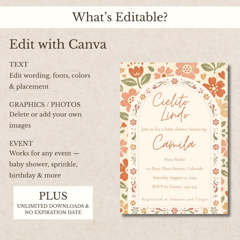 Op de afbeelding: Een bewerkbaar digitaal uitnodigingssjabloon met een bloemenrand van oranje, roze en groene bloemen. De centrale boog bevat tekst, waaronder Cielito Lindo, Camila en evenementdetails. Aan de linkerkant staan bewerkingsinstructies voor Canva.