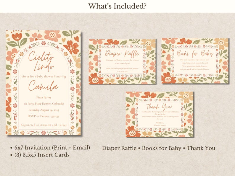 Op de afbeelding: Een babyshower briefpapier set met een 5x7 uitnodiging en drie 3,5x5 insteekkaarten. De kaarten hebben een cr&egrave;mekleurige achtergrond met een bloemenpatroon in oranje, perzik en saliegroen. De uitnodiging bevat de tekst Cielito Lindo, Camila en details.