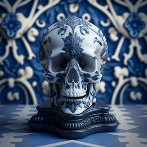 Delft Blue Skull on Ebony Stand