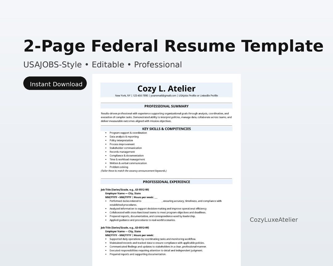 2 Page Federal Resume Template USAJOBS Style Resume, Editable Word