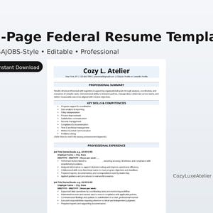 Könnte beinhalten: Eine zweiseitige Federal-Lebenslaufvorlage in professionellem Design. Die Vorlage ist im USAJOBS-Stil, editierbar und enthält Abschnitte für eine professionelle Zusammenfassung, wichtige Fähigkeiten und Berufserfahrung. Das Wort "Instant Download" ist sichtbar.