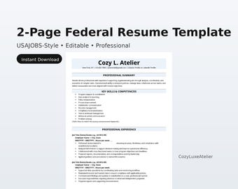 Plantilla de currículum federal de 2 páginas / Currículum estilo USAJOBS, currículum editable en Word para solicitudes de empleo federales