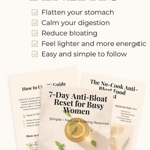 Puede incluir: Imagen de una gu&iacute;a titulada "7-Day Anti-Bloat Reset for Busy Women" con una taza de t&eacute; y hojas de menta. La gu&iacute;a promete aplanar el est&oacute;mago, calmar la digesti&oacute;n, reducir la hinchaz&oacute;n y aumentar la energ&iacute;a. La gu&iacute;a es simple y r&aacute;pida.