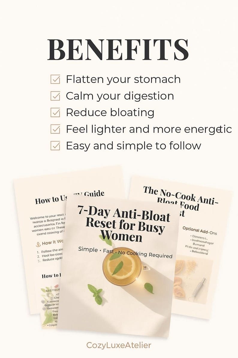 Puede incluir: Imagen de una gu&iacute;a titulada "7-Day Anti-Bloat Reset for Busy Women" con una taza de t&eacute; y hojas de menta. La gu&iacute;a promete aplanar el est&oacute;mago, calmar la digesti&oacute;n, reducir la hinchaz&oacute;n y aumentar la energ&iacute;a. La gu&iacute;a es simple y r&aacute;pida.