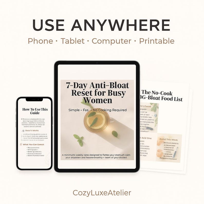 Puede incluir: Una gu&iacute;a digital titulada "7-Day Anti-Bloat Reset for Busy Women" mostrada en una tableta, con un tel&eacute;fono y un documento impreso. El texto de la gu&iacute;a incluye "Simple - Fas - No Cooking Required" y "Use Anywhere".