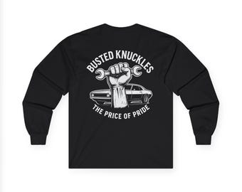 Vintage Muscle Car DIYer Unisex Long Sleeve Tee, Busted Knuckles Shirt, Custom Car Lover Gift, Mechanic Apparel, Garage Art Shirt