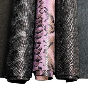 Snakeskin print embossed cowhide leather sheets A4/A3/A2 genuine leather sold by the meter animal leather pieces silver, brown, purple