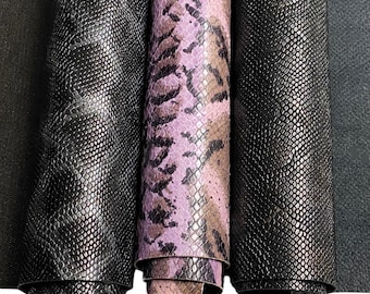 Snakeskin print embossed cowhide leather sheets A4/A3/A2 genuine leather sold by the meter animal leather pieces silver, brown, purple