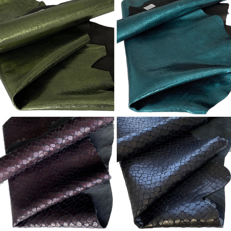 May include: Four different types of leather with a snakeskin pattern. The leathers are green, teal, burgundy, and black.