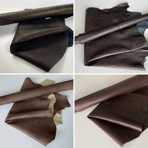 Könnte beinhalten: Vier verschiedene Stücke braunes Leder, jedes gerollt und flach gelegt. Das Leder hat eine Vielzahl von Texturen und Oberflächen, darunter glatt, strukturiert und metallisch.