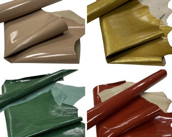Leather, patent leather, pieces, leather hide, Italian nappa, genuine leather, cut to size A2/3/4, craft leather, lambskin, leaves, gold, red, green, cappuccino