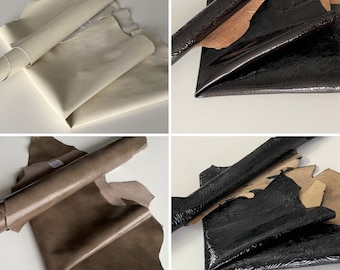 Patent leather, genuine leather, embossed, 0.8-1.2 mm, leather hide & leather piece DIN A4/3/2, nappa leather, black, brown, cream, Italian lambskin