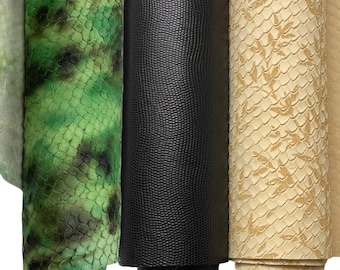 Reptile leather print embossed cowhide, genuine leather sheets A2/3/4 animal printed leather skin cut leather pieces black, green, beige