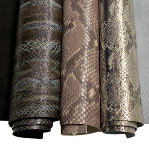 Snakeskin print genuine leather embossed cowhide sheets, animal printed leather pieces A5/4/3 snake look leather cut gold, green, brown