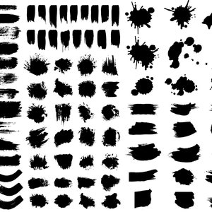 Puede incluir: Un conjunto de trazos de pincel y salpicaduras de tinta negra. Los trazos de pincel son de diferentes anchos y longitudes, y las salpicaduras son de diferentes tamaños y formas.