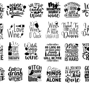 May include: A black and white graphic design featuring 20 different wine-themed quotes. The quotes include phrases like "Wine is my Valentine", "Witch way to the wine", and "Wine because adulting is hard".