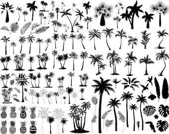 Paquete SVG de palmera, silueta de palmera, archivos cortados de palmera, imágenes prediseñadas de palmera, svg tropical, palmeras svg