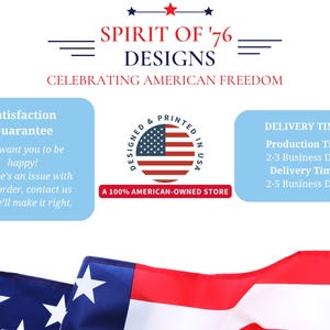 K&ouml;nnte beinhalten: Bild mit dem Text "SPIRIT OF '76 DESIGNS CELEBRATING AMERICAN FREEDOM". Enth&auml;lt eine amerikanische Flagge und Informationen zur Zufriedenheitsgarantie und Lieferzeiten. Das Gesch&auml;ft ist zu 100 % in amerikanischem Besitz.