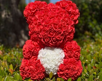 15" Rose Teddy Bear Heart Valentines Day Gift Handmade Gift Mothers Day Gift for Him Gift for Her Anniversary Gift Birthday Gift Flower