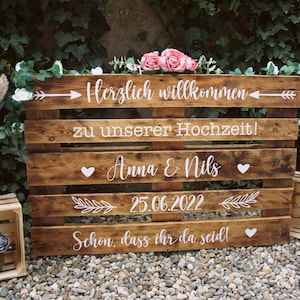 Könnte beinhalten: Ein rustikales Holzpaletten-Schild mit weißer Beschriftung, das eine Hochzeit ankündigt. Das Schild lautet "Herzlich willkommen zu unserer Hochzeit!"  "Anna & Nils" "25.06.2022" "Schon, dass ihr da seid!"