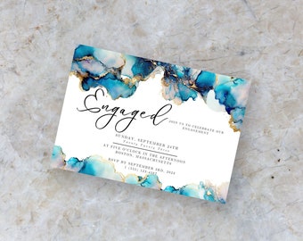 Engagement Invitation Template, Engagement Invitation Blue, Engagement Invite Digital, Marble Engagement, Engagement Party, Canva Template