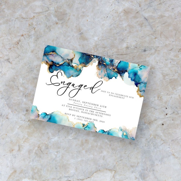 Engagement Invitation Template, Engagement Invitation Blue, Engagement Invite Digital, Marble Engagement, Engagement Party, Canva Template