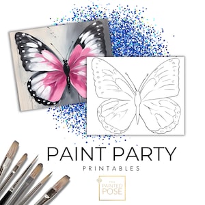 May include: A printable paint party design featuring a black and white butterfly with pink accents. The design is shown next to a blank outline of the butterfly, ready to be colored in. The text "PAINT PARTY PRINTABLES" is displayed below the images.