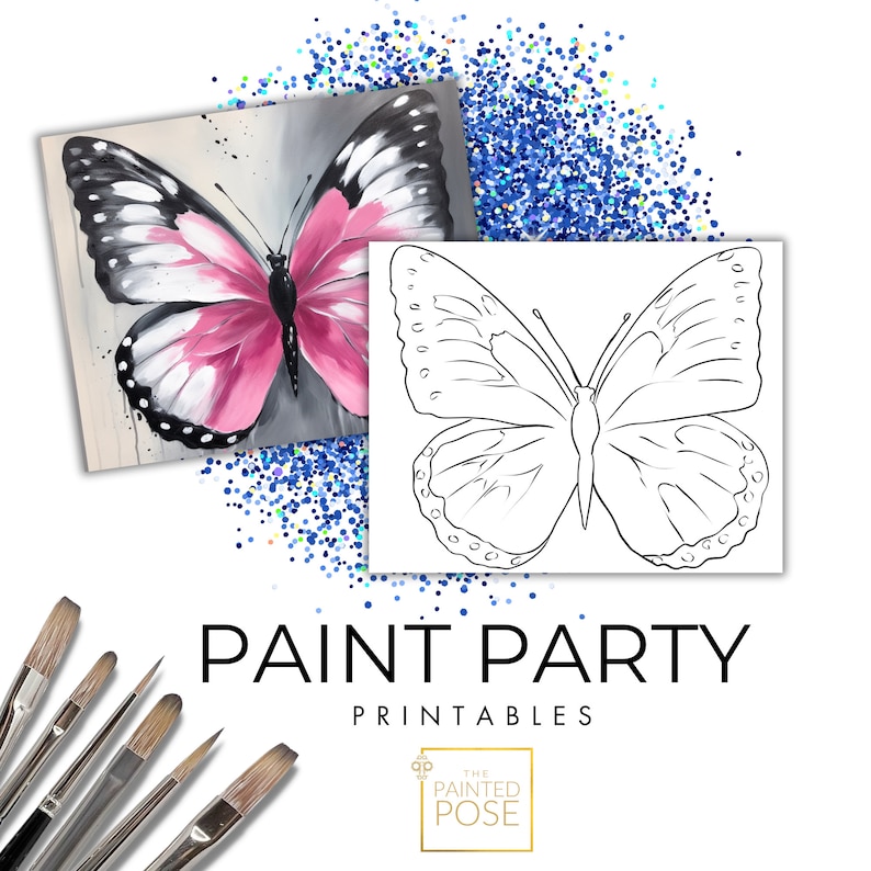 May include: A printable paint party design featuring a black and white butterfly with pink accents. The design is shown next to a blank outline of the butterfly, ready to be colored in. The text "PAINT PARTY PRINTABLES" is displayed below the images.
