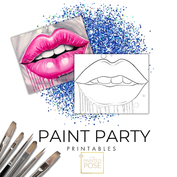 Pink Lips Drip Outline Canvas | Paint Party Printable (Digital Download) DIY Lips Coloring Page