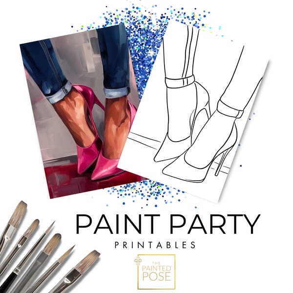 Toile DIY à talons roses | Toile d'art imprimable pour la nuit des dames | Paint Party imprimable | Kit de peinture | Fête de la peinture et de la gorgée | Toile de contour