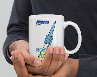 Amazing Stories' Rocket Juice Coffee Mug (Baby Blue on White)