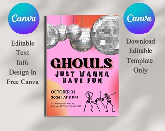 Halloween Party Invitation | Ghouls Just Wanna Have Fun | Printable Invite | Disco Skeleton Halloween Template