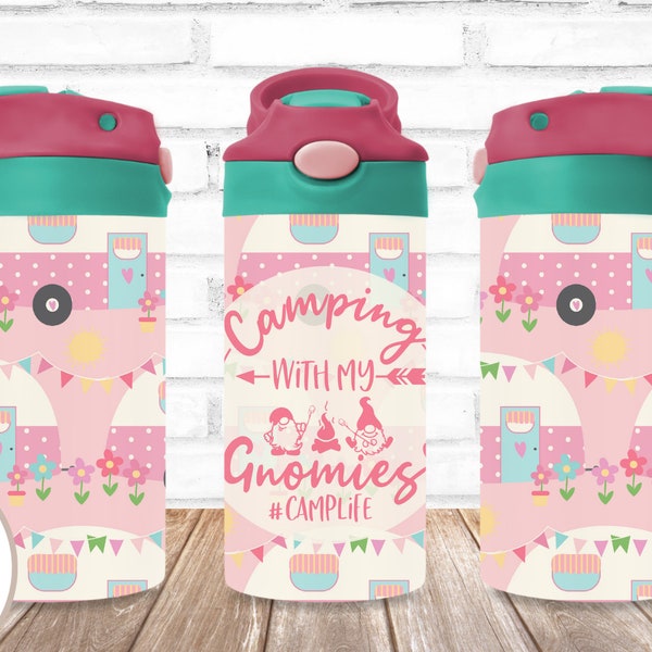 Camping Tumbler Wrap, Pink Camping with my gnomies, Sublimation Designs, 12oz Flip Top, Kids Cup,