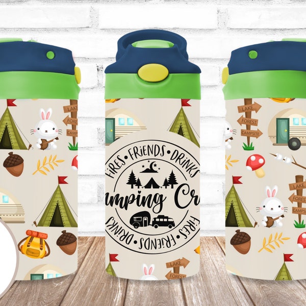 Camping Tumbler Wrap, Camping Crew Kids Flip top, Sublimation Designs, 12oz Flip Top, Kids Cup,