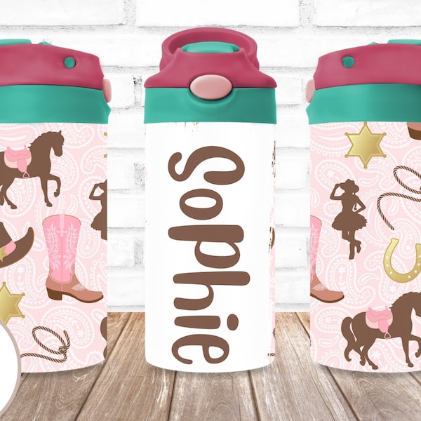 Kids Cowgirl Tumbler Wrap, Girl cowgirl Kids Flip top, pink boots Flip top, Sublimation Designs, 12oz Flip Top, horse Kids Cup,