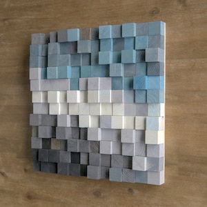 Modern wood pixelart mosaic, wooden wall decor, grey & blue squares wooden pixel art, sound diffuser